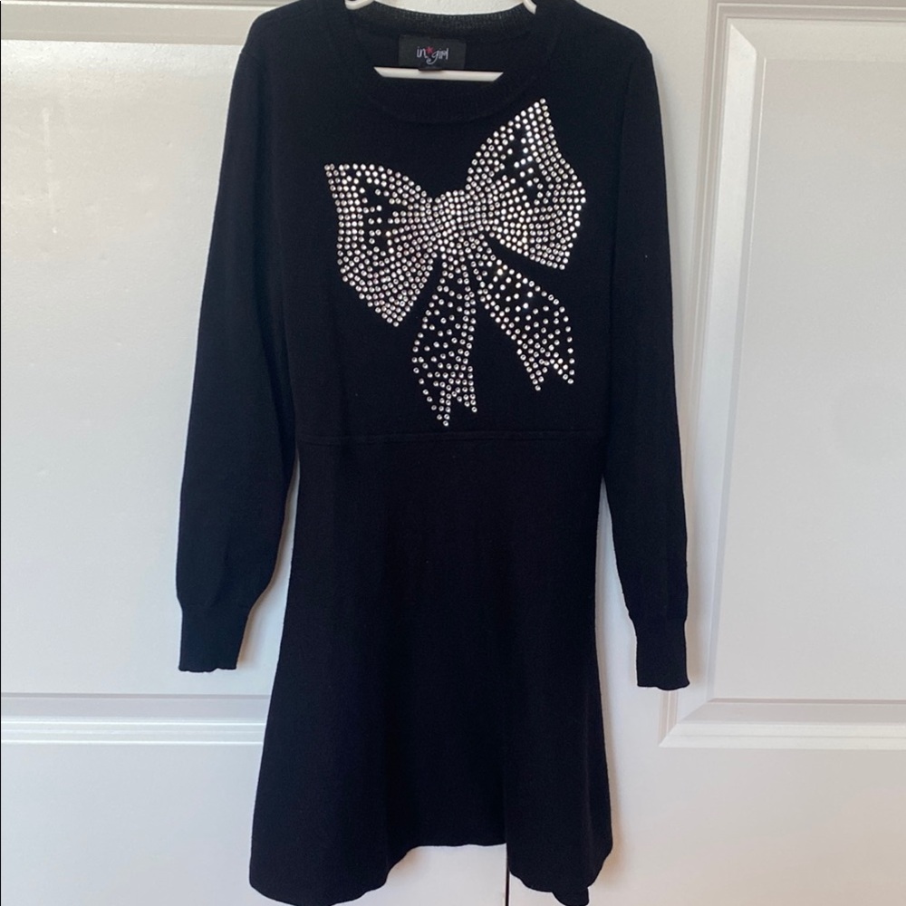 Black Knit Dress with Rhinestone Bow